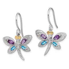QE17799 Sterling Silver/14k RH-plated Amethyst/Bl Topaz/Diamond Dragonfly Earrings