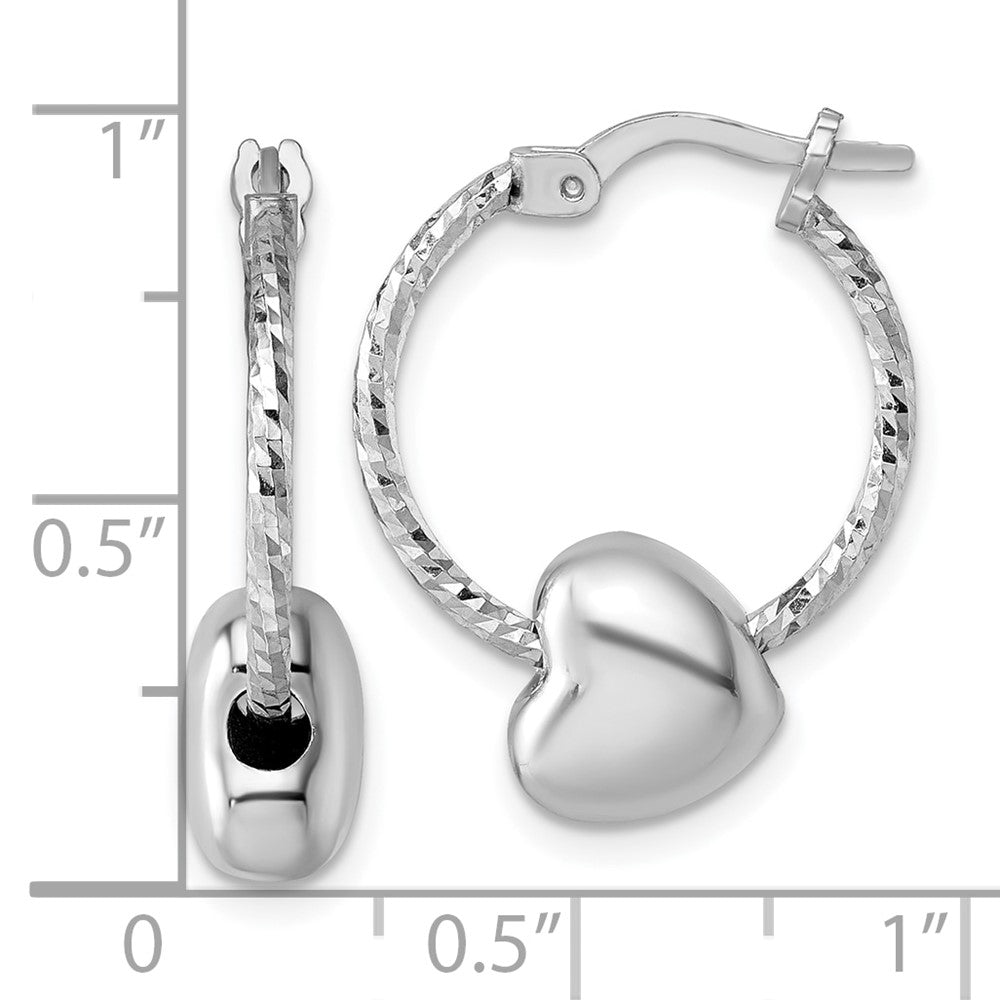 QE17800 Sterling Silver Rhodium-plated Twisted Diamond-cut with Puffed Heart Bead Hoop Earrings