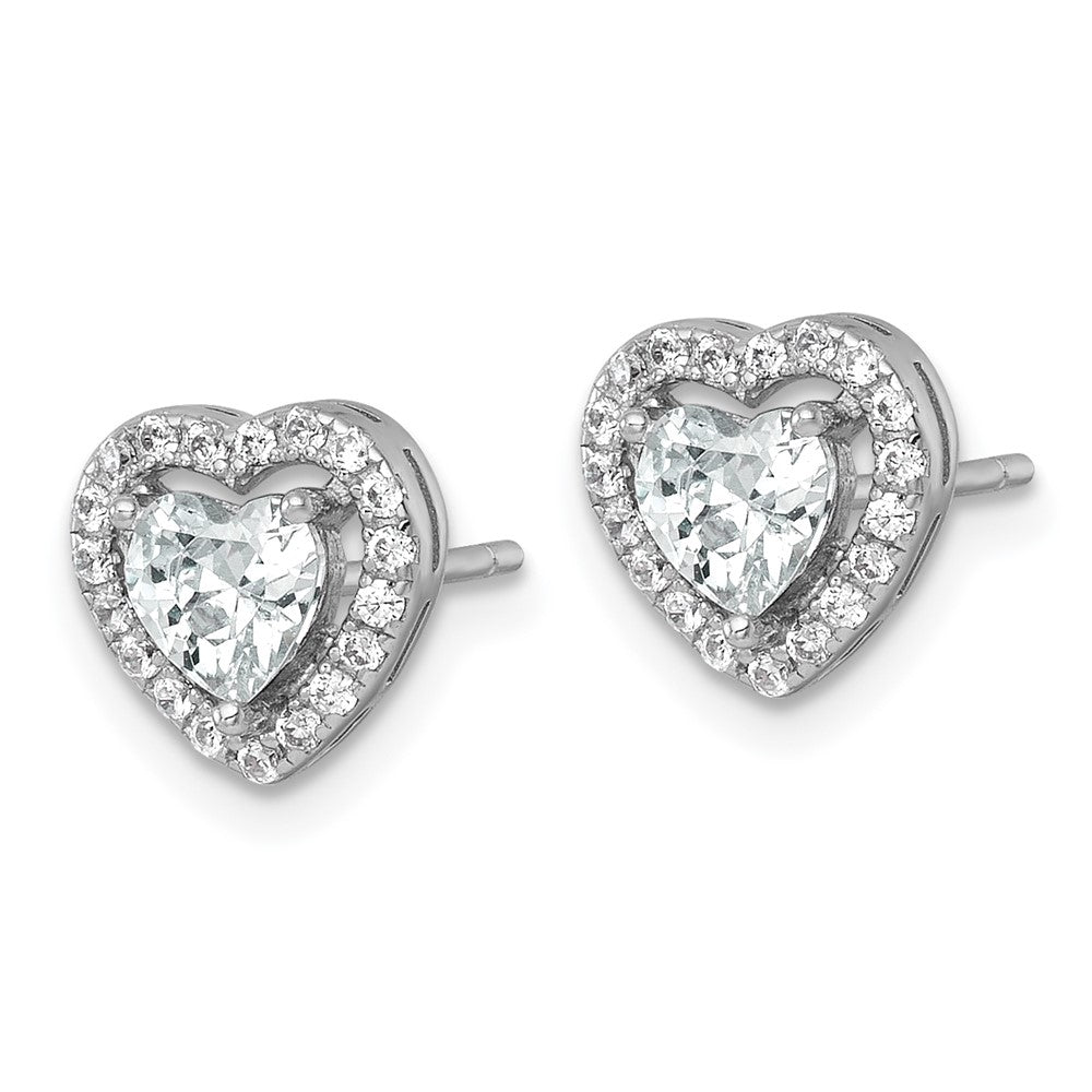 QE17801 Sterling Silver Rhodium-plated Polished 9.0mm Heart Halo CZ Post Earrings