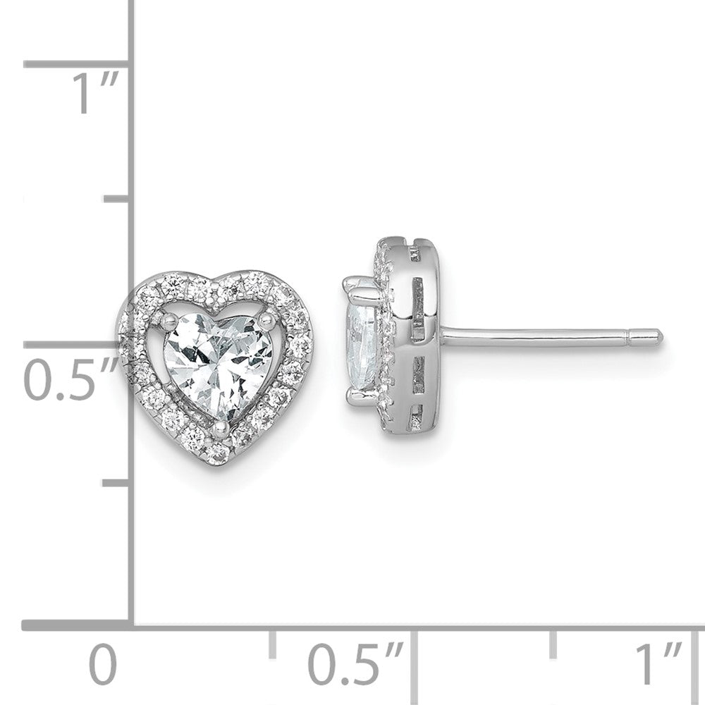 QE17801 Sterling Silver Rhodium-plated Polished 9.0mm Heart Halo CZ Post Earrings