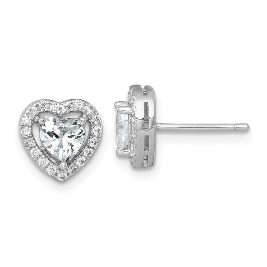 QE17801 Sterling Silver Rhodium-plated Polished 9.0mm Heart Halo CZ Post Earrings
