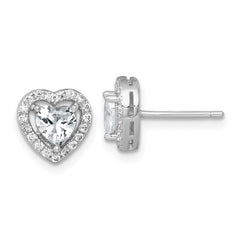 QE17801 Sterling Silver Rhodium-plated Polished 9.0mm Heart Halo CZ Post Earrings