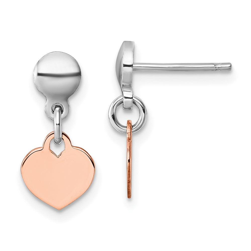 QE17802 Sterling Silver Rhodium-plated Rose Gold-plated Heart Disc Dangle Post Earrings