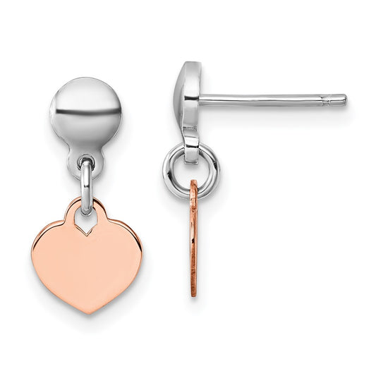 QE17802 Sterling Silver Rhodium-plated Rose Gold-plated Heart Disc Dangle Post Earrings