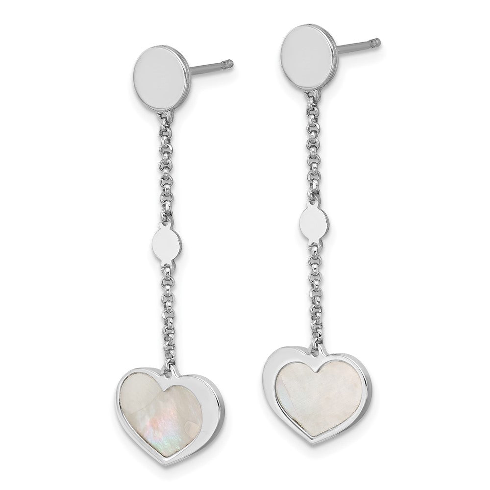 QE17803 Sterling Silver Rhodium-plated Mother of Pearl Heart and Chain Post Dangle Earrings