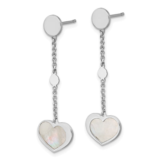 QE17803 Sterling Silver Rhodium-plated Mother of Pearl Heart and Chain Post Dangle Earrings
