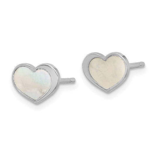 QE17804 Sterling Silver Rhodium-plated Mother of Pearl Heart Post Earrings