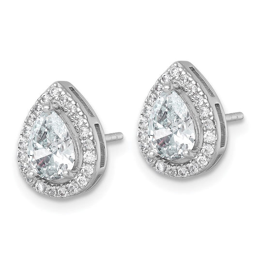 QE17805 Sterling Silver Rhodium-plated Polished 11.0 x 9.0mm Pear CZ Halo Teardrop Post Earrings