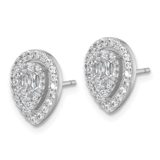 QE17806 Sterling Silver Rhodium-plated Polished Fancy CZ Teardrop Halo Post Earrings