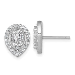 QE17806 Sterling Silver Rhodium-plated Polished Fancy CZ Teardrop Halo Post Earrings