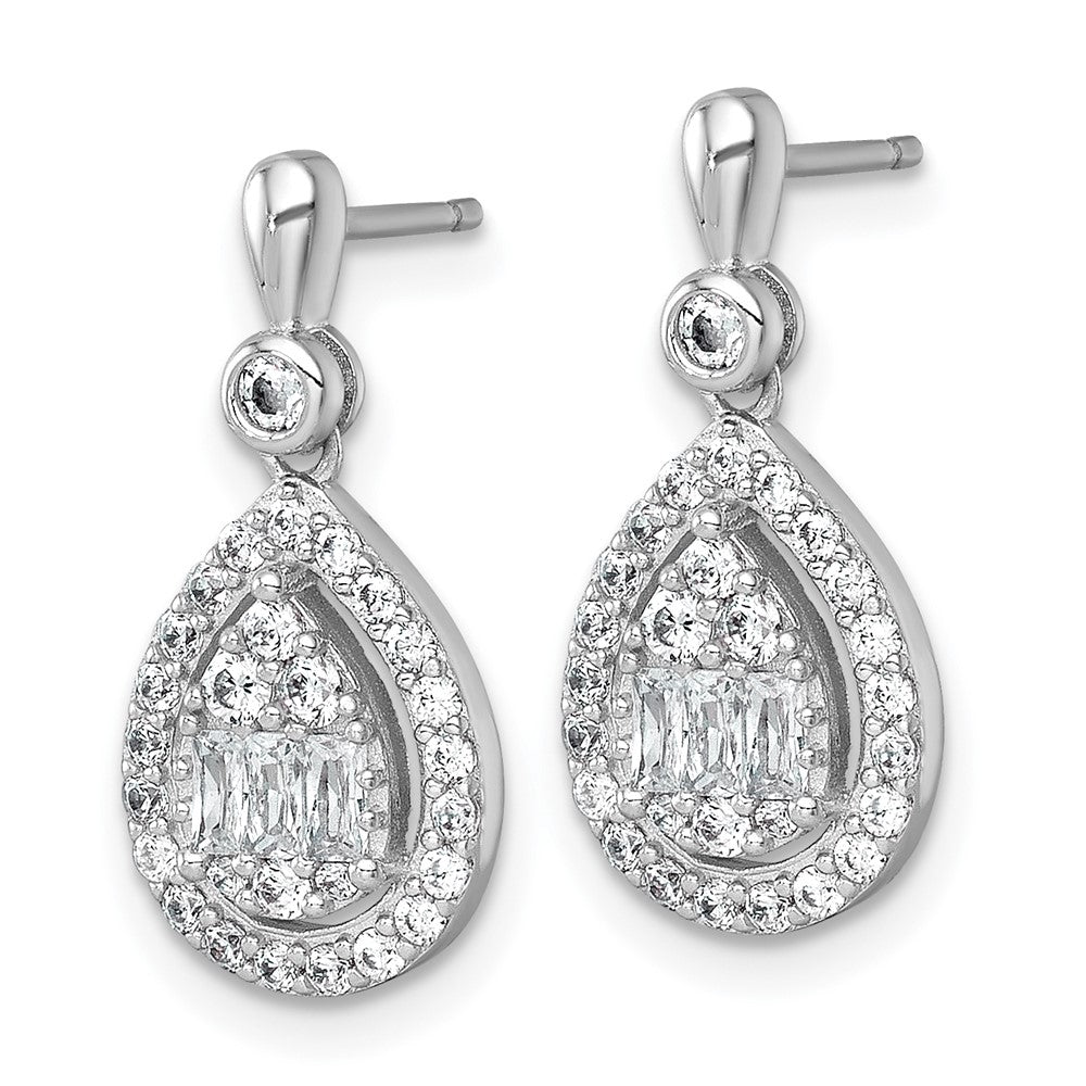 QE17807 Sterling Silver Rhodium-plated Polished Fancy CZ Teardrop Halo Dangle Post Earrings