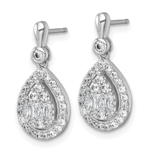 QE17807 Sterling Silver Rhodium-plated Polished Fancy CZ Teardrop Halo Dangle Post Earrings