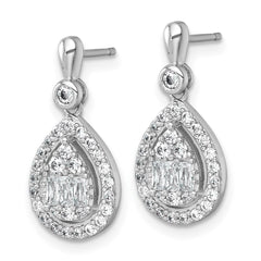 QE17807 Sterling Silver Rhodium-plated Polished Fancy CZ Teardrop Halo Dangle Post Earrings