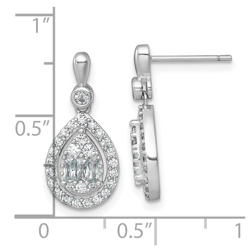 QE17807 Sterling Silver Rhodium-plated Polished Fancy CZ Teardrop Halo Dangle Post Earrings