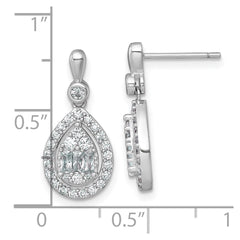 QE17807 Sterling Silver Rhodium-plated Polished Fancy CZ Teardrop Halo Dangle Post Earrings
