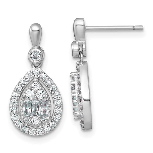 QE17807 Sterling Silver Rhodium-plated Polished Fancy CZ Teardrop Halo Dangle Post Earrings
