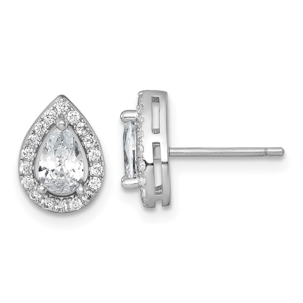 QE17808 Sterling Silver Rhodium-plated Polished 10.0 x 7.0mm Pear CZ Halo Teardrop Post Earrings