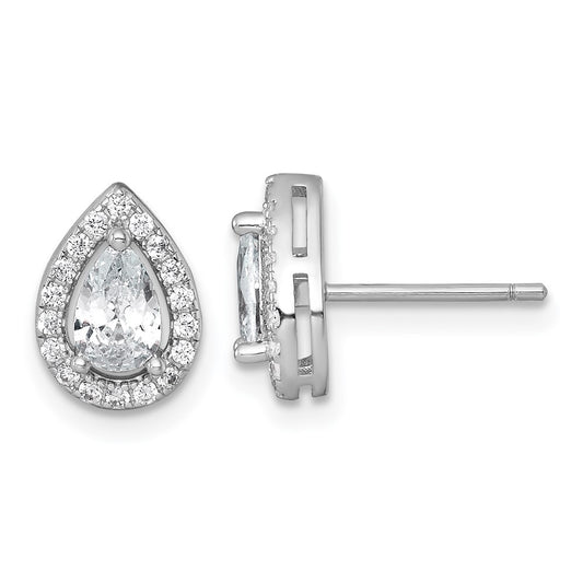 QE17808 Sterling Silver Rhodium-plated Polished 10.0 x 7.0mm Pear CZ Halo Teardrop Post Earrings