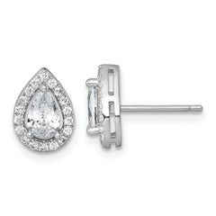 QE17808 Sterling Silver Rhodium-plated Polished 10.0 x 7.0mm Pear CZ Halo Teardrop Post Earrings