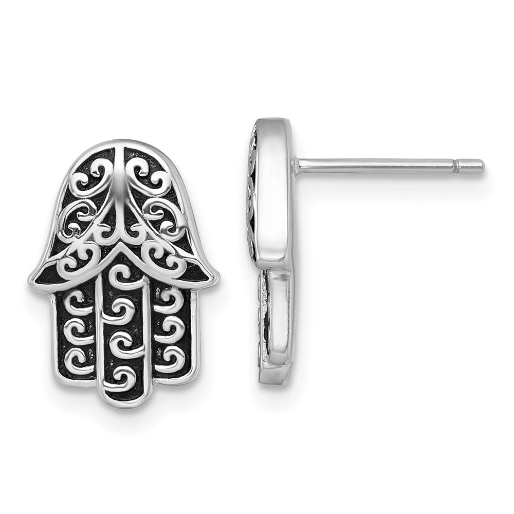 QE17816 Sterling Silver Rhodium-plated Polished and Oxidized Filigree Hamsa Post Earrings