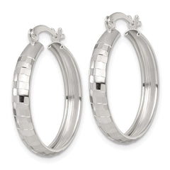 QE17825 Sterling Silver Polished Diamond-cut 25x4mm Round Hoop Earrings