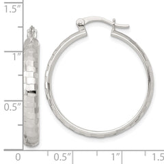 QE17826 Sterling Silver Polished Diamond-cut 30x4mm Round Hoop Earrings