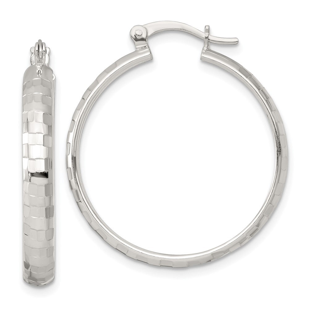 QE17826 Sterling Silver Polished Diamond-cut 30x4mm Round Hoop Earrings