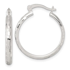 QE17828 Sterling Silver Polished Diamond-cut 25x3mm Round Hoop Earrings