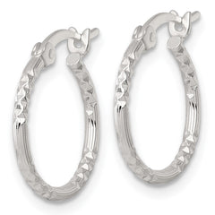 QE17836 Sterling Silver Polished Diamond-cut Textured 16x1.5mm Round Hoop Earrings