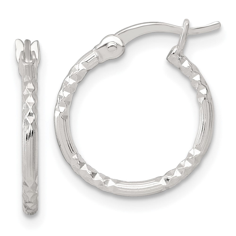 QE17836 Sterling Silver Polished Diamond-cut Textured 16x1.5mm Round Hoop Earrings