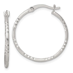 QE17838 Sterling Silver Polished Diamond-cut Textured 25x1.5mm Round Hoop Earrings