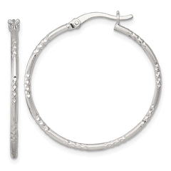 QE17839 Sterling Silver Polished Diamond-cut Textured 30x1.5mm Round Hoop Earrings