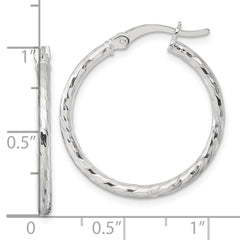 QE17841 Sterling Silver Polished Diamond-cut 25x2mm Round Hoop Earrings