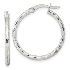 QE17841 Sterling Silver Polished Diamond-cut 25x2mm Round Hoop Earrings