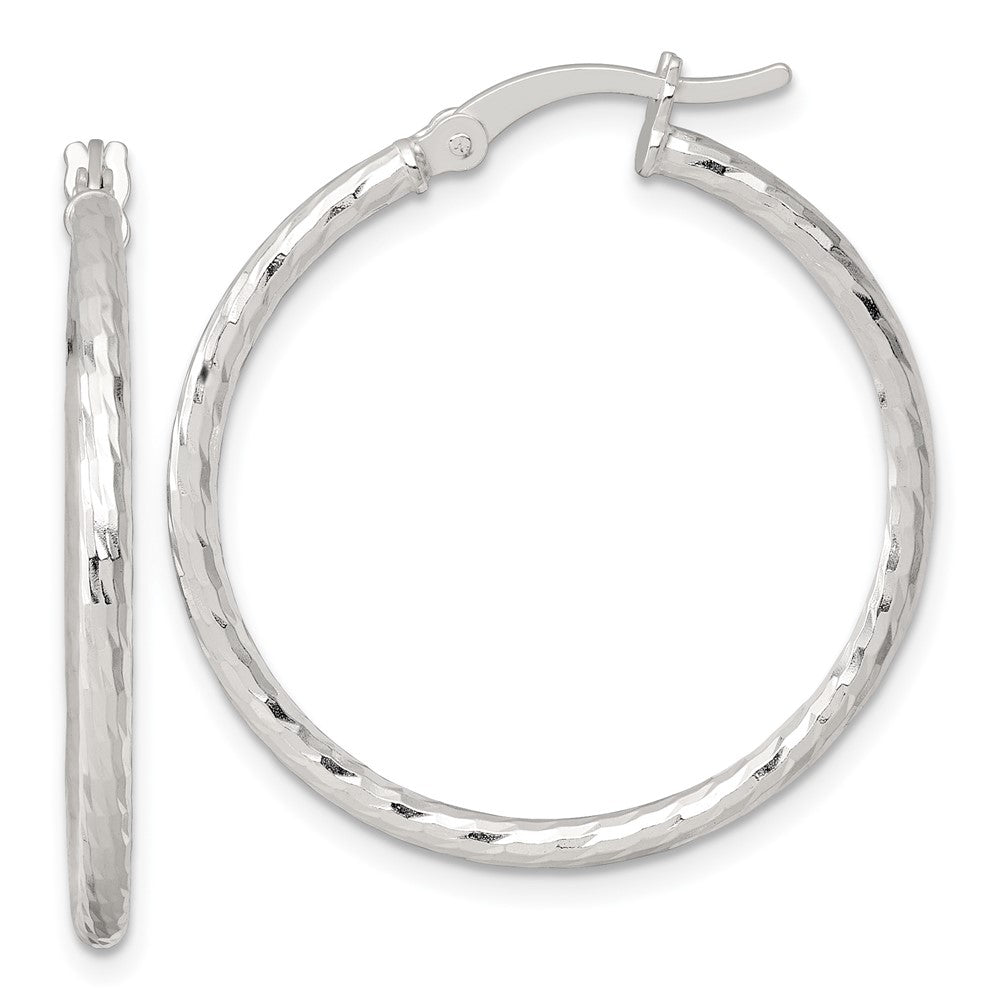 QE17842 Sterling Silver Polished Diamond-cut 30x2mm Round Hoop Earrings