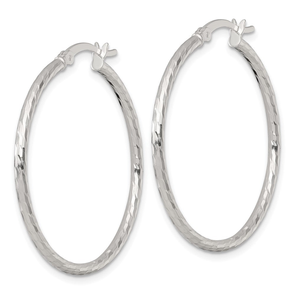 QE17843 Sterling Silver Polished Diamond-cut 35x2mm Round Hoop Earrings