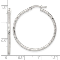 QE17843 Sterling Silver Polished Diamond-cut 35x2mm Round Hoop Earrings