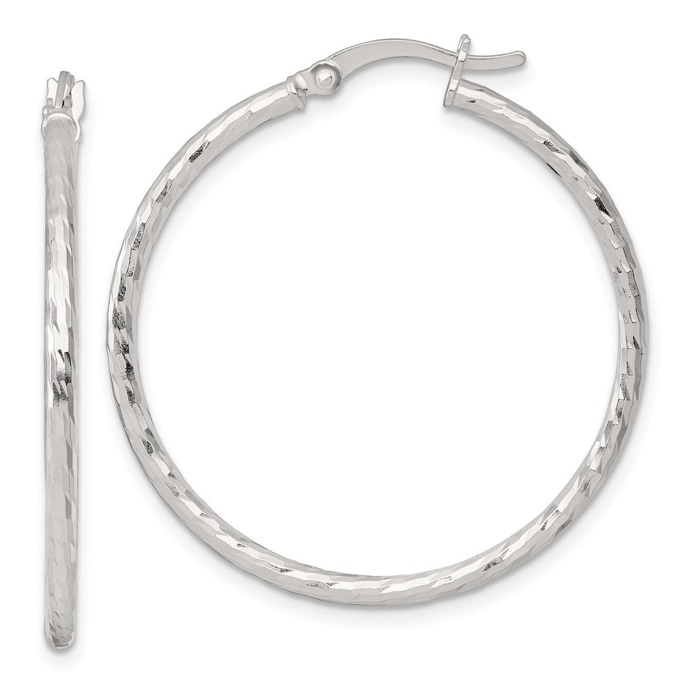 QE17843 Sterling Silver Polished Diamond-cut 35x2mm Round Hoop Earrings