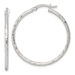 QE17843 Sterling Silver Polished Diamond-cut 35x2mm Round Hoop Earrings