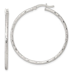 QE17844 Sterling Silver Polished Diamond-cut 40x2mm Round Hoop Earrings