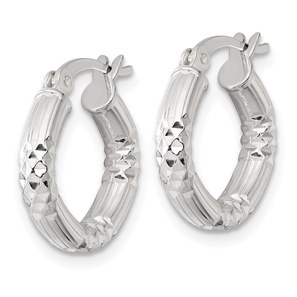 QE17845 Sterling Silver Polished Diamond-cut Textured 15x3.25mm Round Hoop Earrings