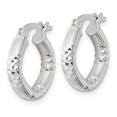 QE17845 Sterling Silver Polished Diamond-cut Textured 15x3.25mm Round Hoop Earrings
