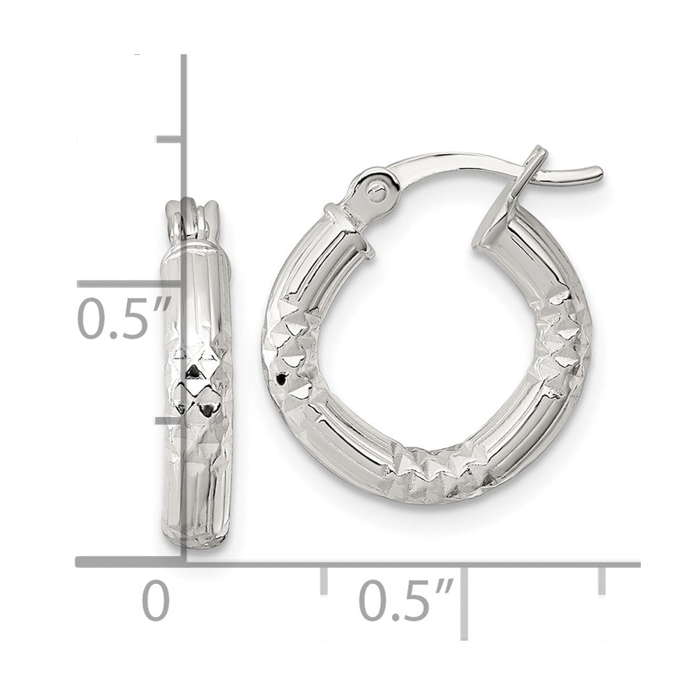 QE17845 Sterling Silver Polished Diamond-cut Textured 15x3.25mm Round Hoop Earrings
