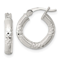 QE17845 Sterling Silver Polished Diamond-cut Textured 15x3.25mm Round Hoop Earrings