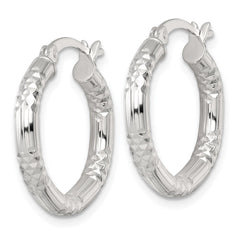 QE17846 Sterling Silver Polished Diamond-cut Textured 20x3.25mm Round Hoop Earrings