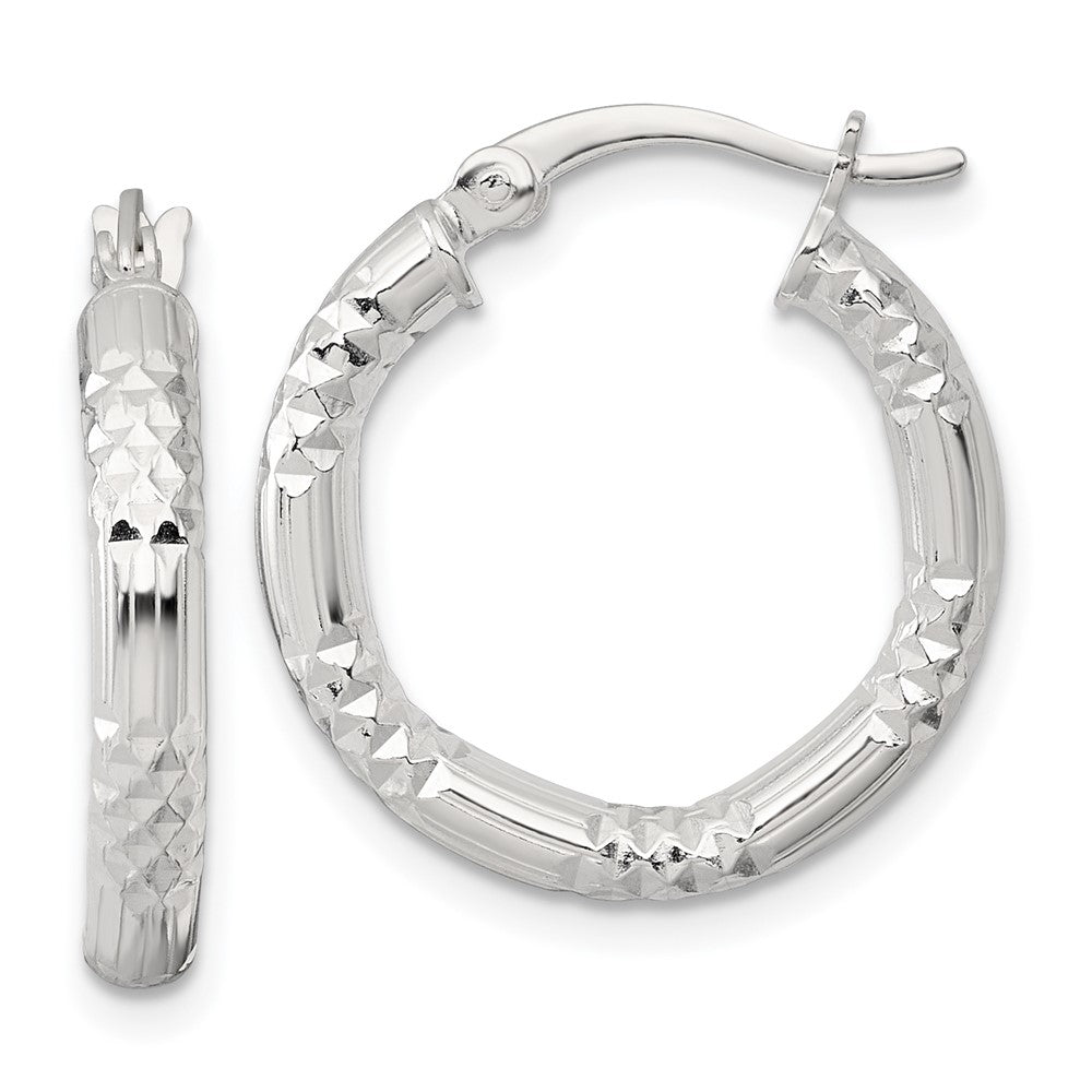 QE17846 Sterling Silver Polished Diamond-cut Textured 20x3.25mm Round Hoop Earrings