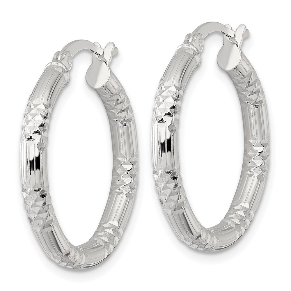 QE17847 Sterling Silver Polished Diamond-cut Textured 25x3.25mm Round Hoop Earrings