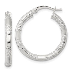 QE17847 Sterling Silver Polished Diamond-cut Textured 25x3.25mm Round Hoop Earrings