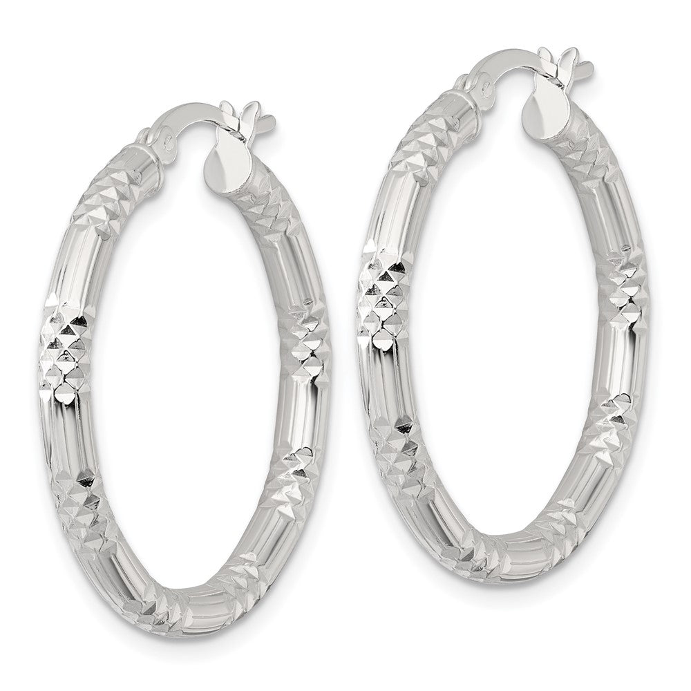 QE17848 Sterling Silver Polished Diamond-cut Textured 30x3.25mm Round Hoop Earrings