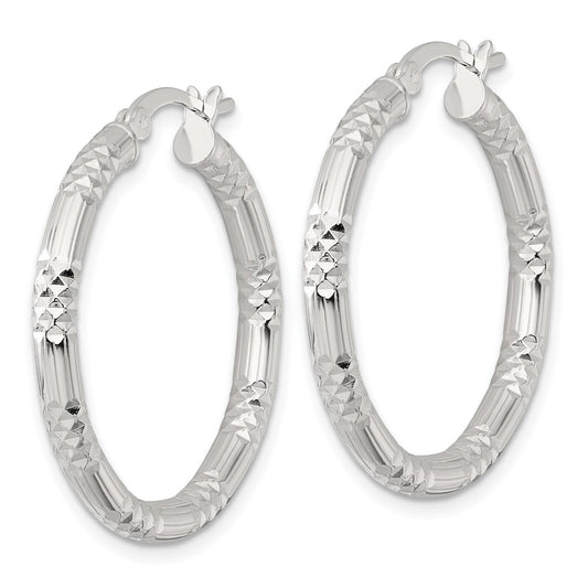 QE17848 Sterling Silver Polished Diamond-cut Textured 30x3.25mm Round Hoop Earrings